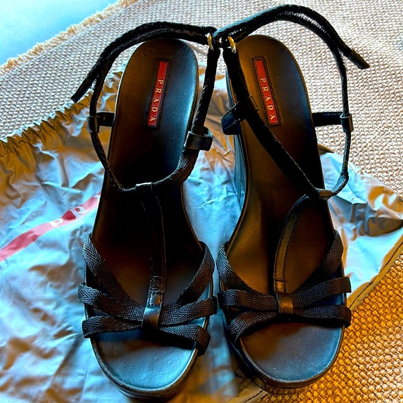 Prada (authentic) platforms 2” platform, 4 1/2” heel. Black with Prada logo. - Picture 3 of 10